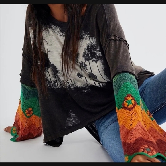 We The Free So Edgy Tee Black Graphic Top with Colorful Knit Sleeves - Picture 1 of 4